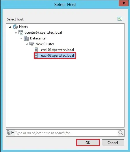 veeam vm restore select host