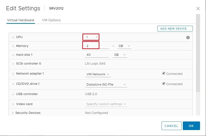 vm edit settings virtual hardware