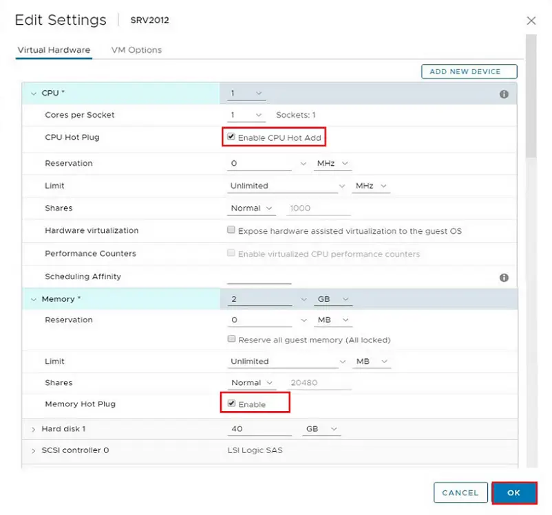 vm edit settings virtual hardware