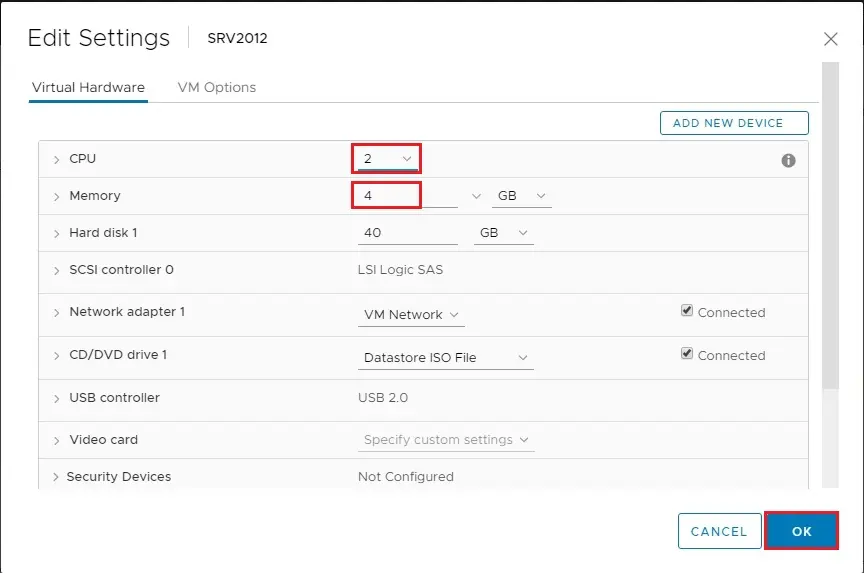 vm edit settings virtual hardware