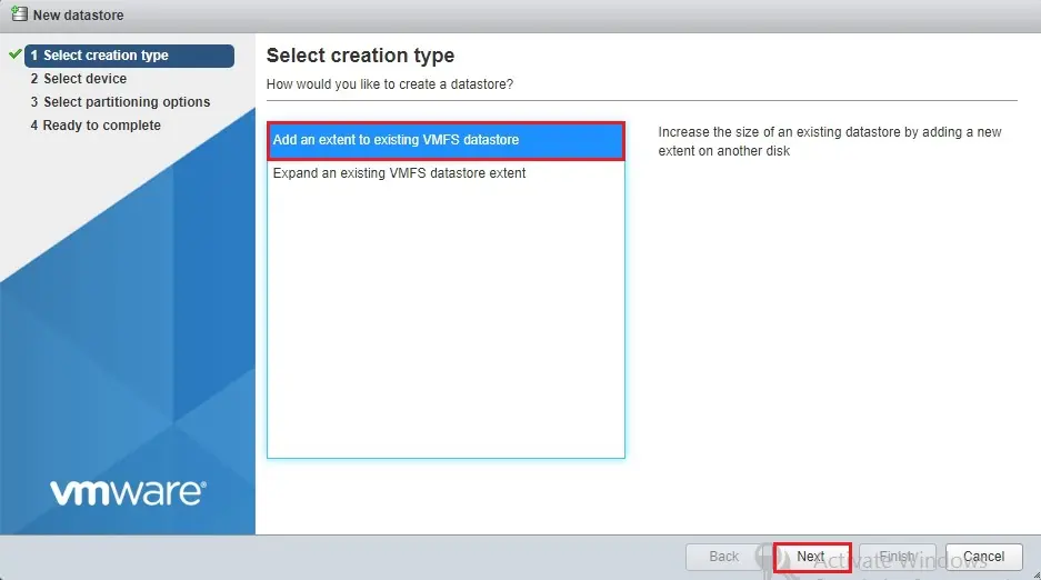 vmware esxi select created type