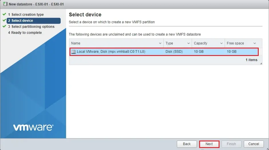 vmware esxi select device