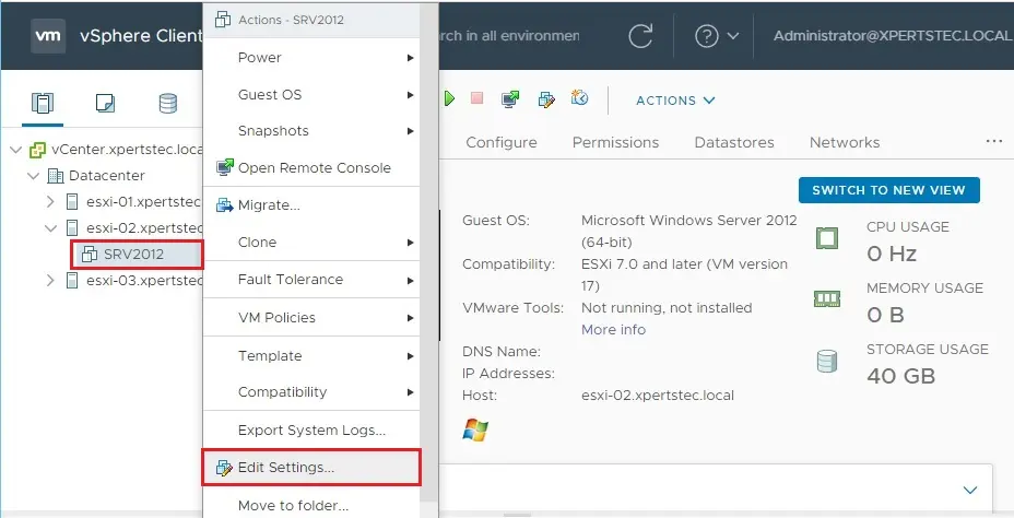 vmware vm edit settings