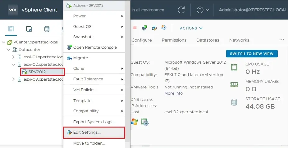 vmware vm edit settings