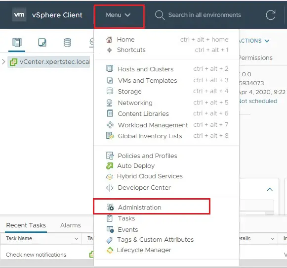 vsphere client vcenter menu