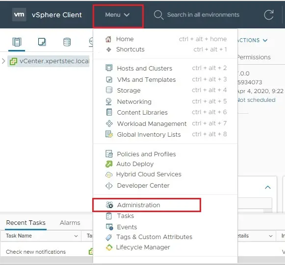 vsphere client vcenter menu