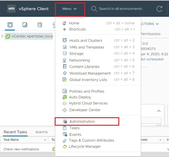 vsphere client vcenter menu