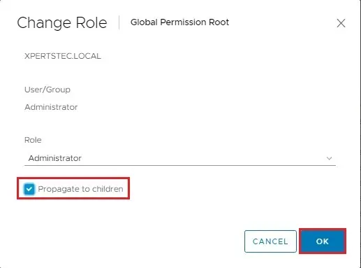 vsphere global permissions change role