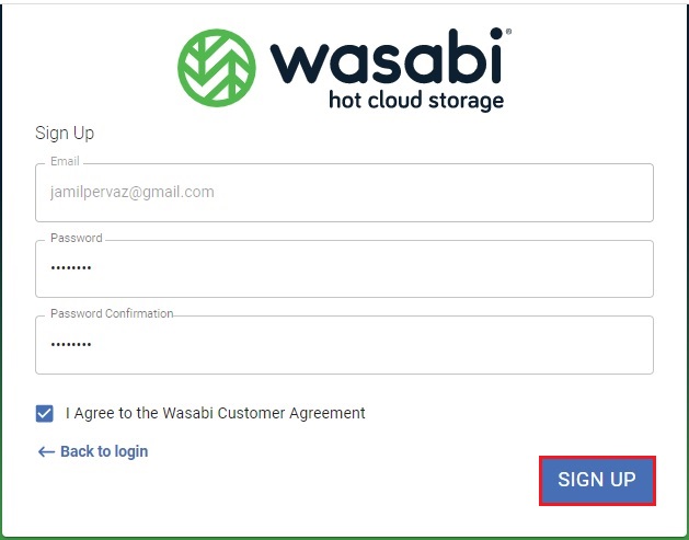 wasabi cloud sign up