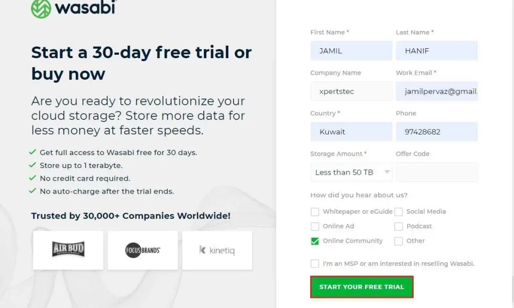 wasabi start your free trial