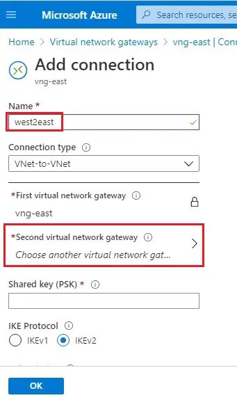 add virtual network gateway connection