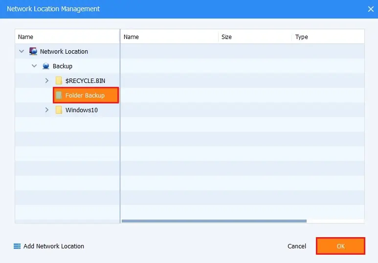 aomei backupper add network location