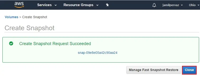 aws create snapshot succeeded