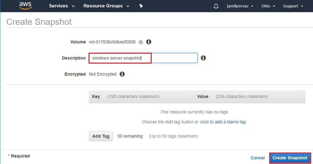 aws create snapshot wizard