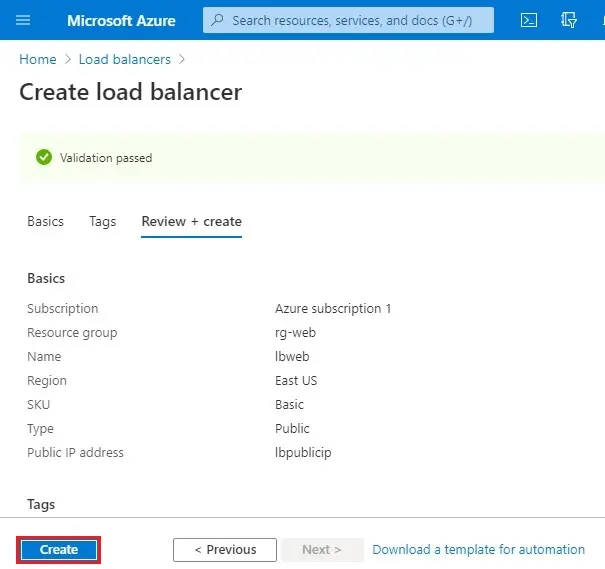 azure create load balancer validation