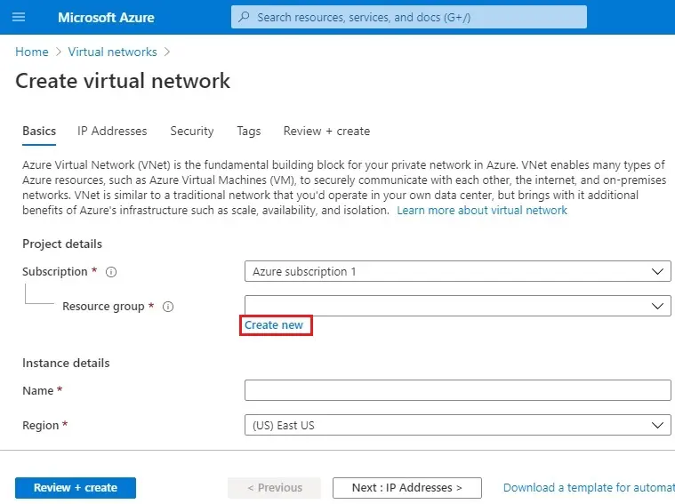 azure create virtual network