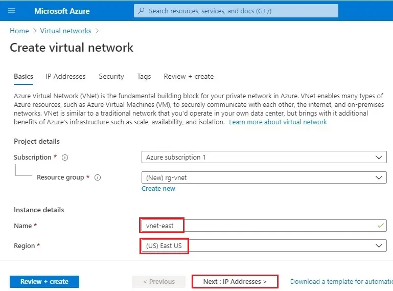 azure create virtual network