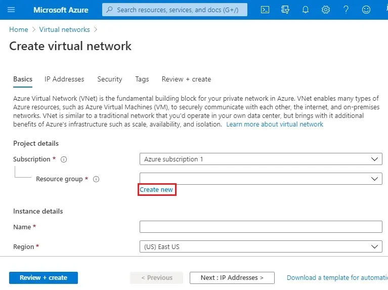 azure create virtual network