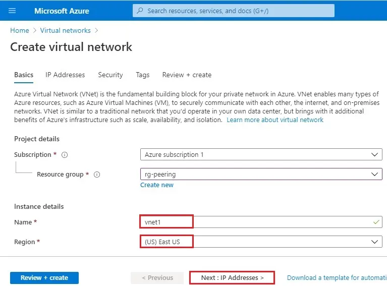 azure create virtual network