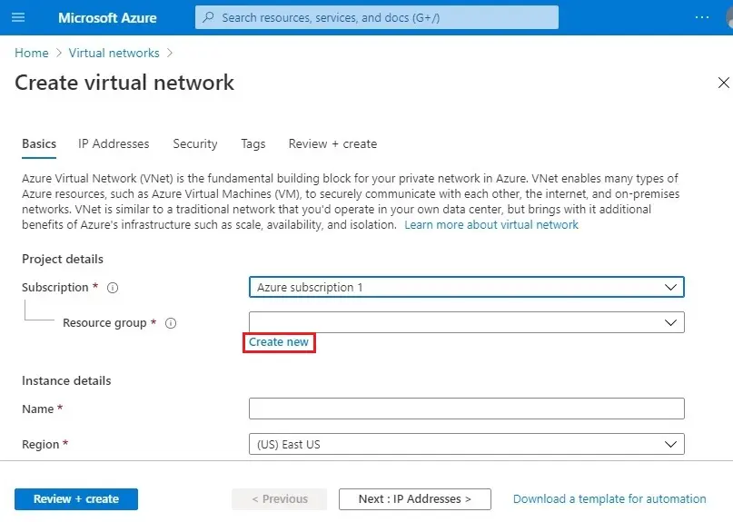 azure create virtual network