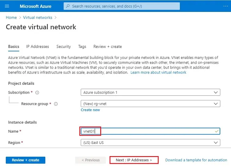 azure create virtual network