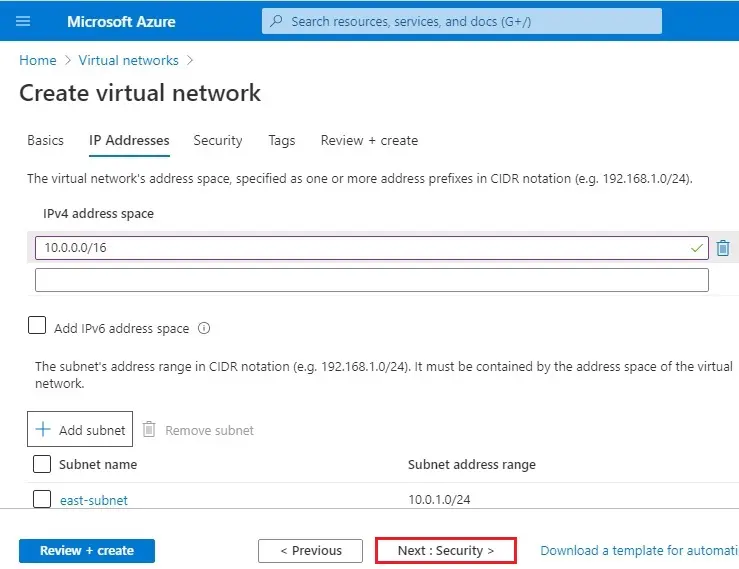 azure create virtual network ip address