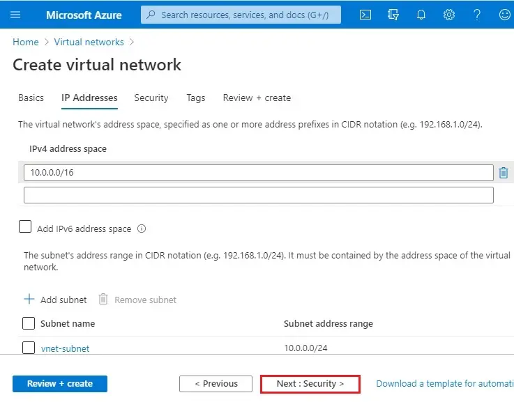 azure create virtual network ip address