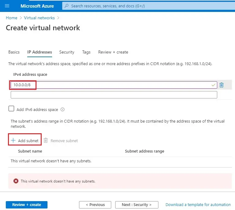 azure create virtual network ip address