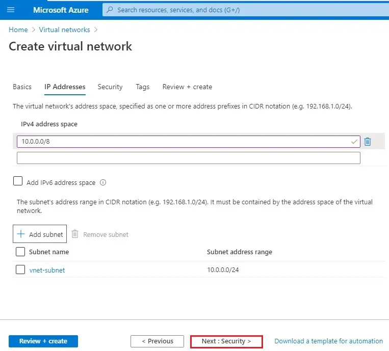 azure create virtual network ip address