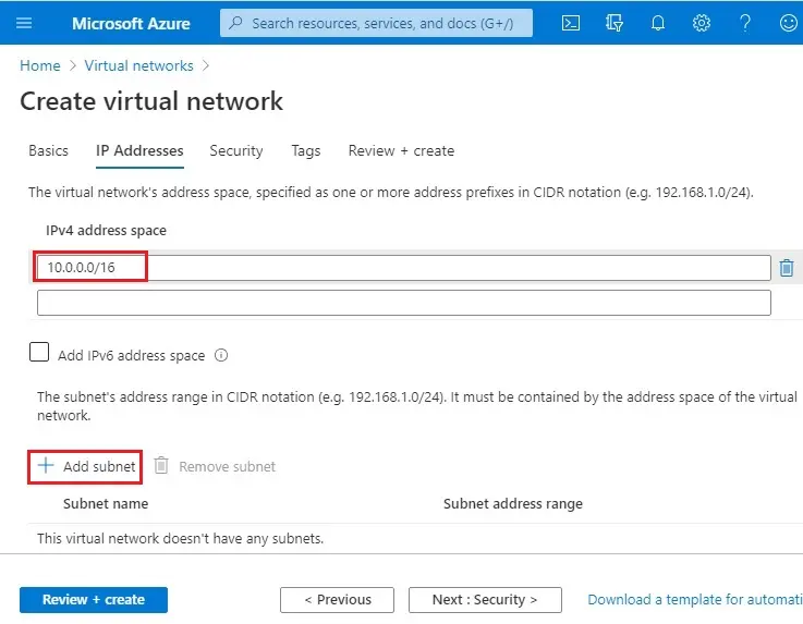 azure create virtual network ip address