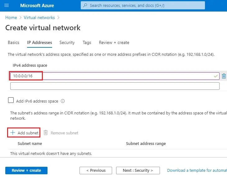 azure create virtual network ip address