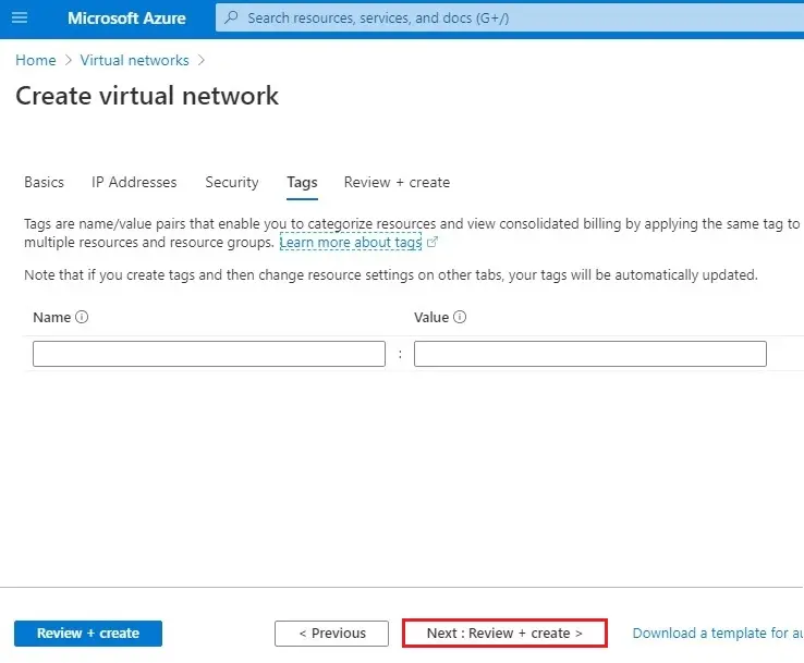 azure create virtual network tags