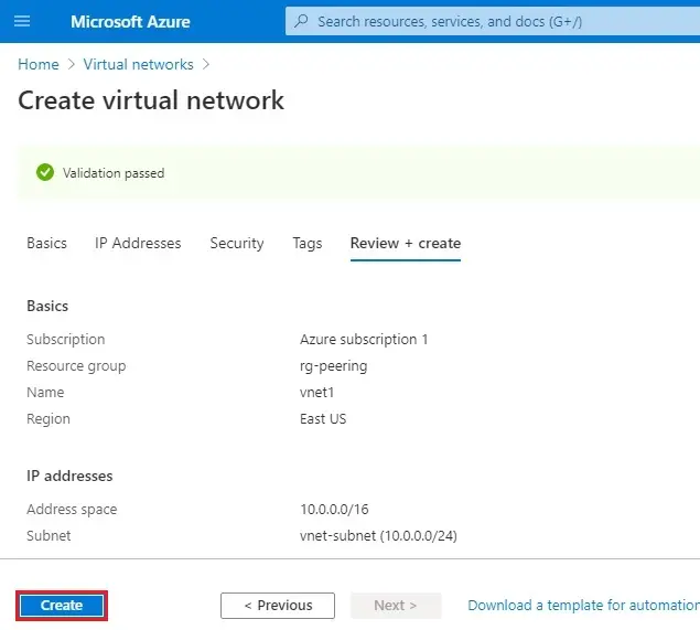 azure create virtual network validation