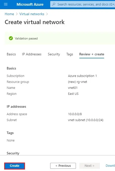 azure create virtual network validation