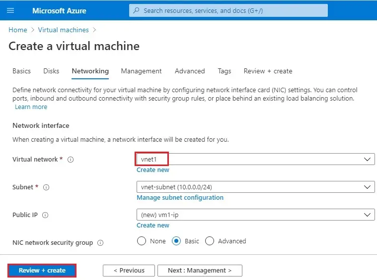 azure create vm networking