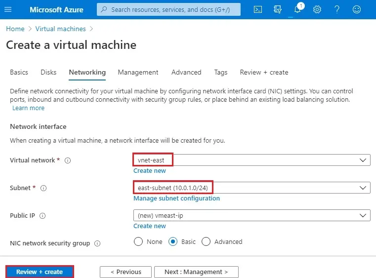 azure create vm networking