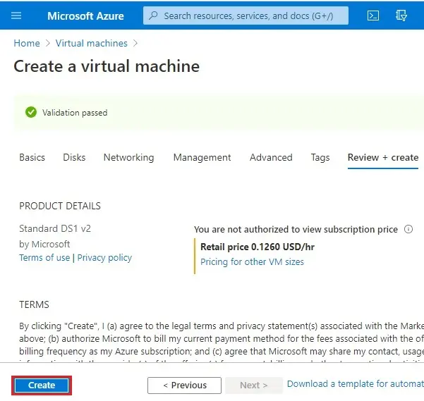 azure create vm review + create