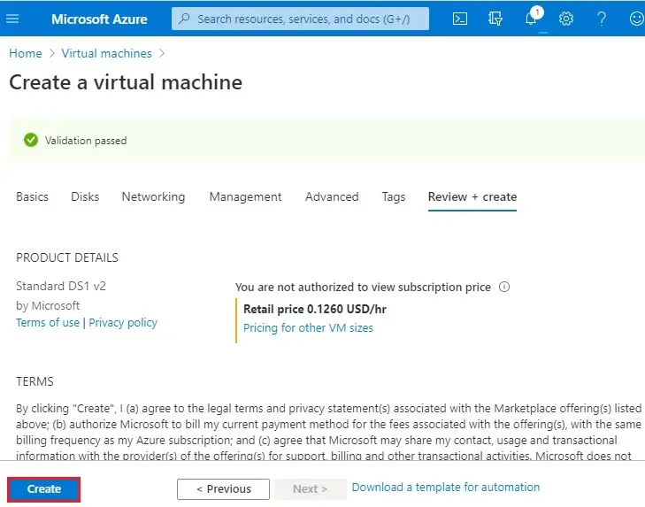 azure create vm review + create