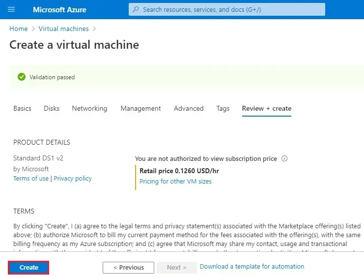 azure create vm review + create