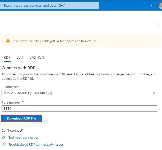 azure vm download rdp