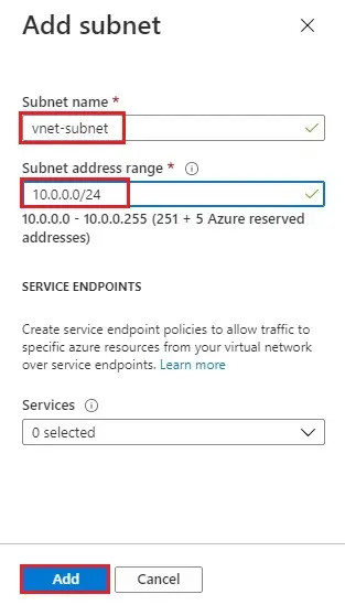 azure vnet add subnet