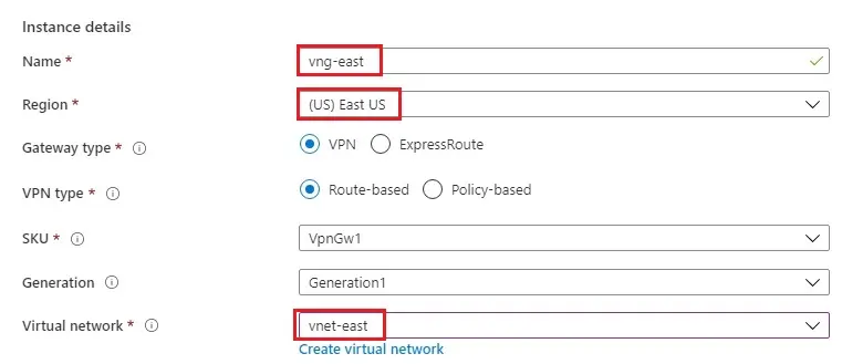 create virtual network gateway