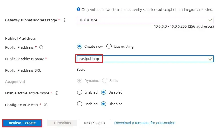 create virtual network gateway