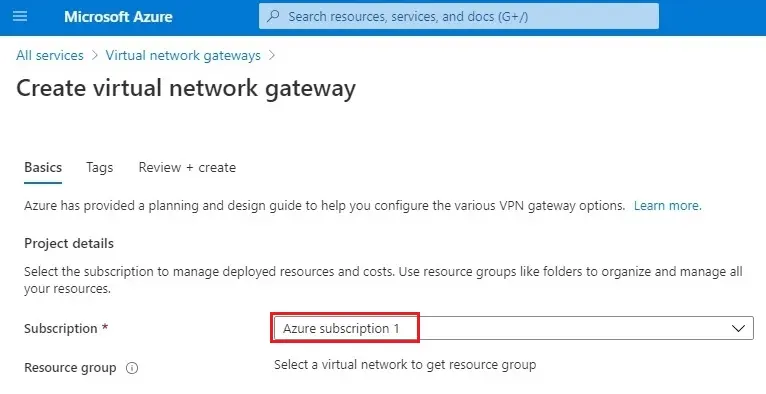 create virtual network gateway