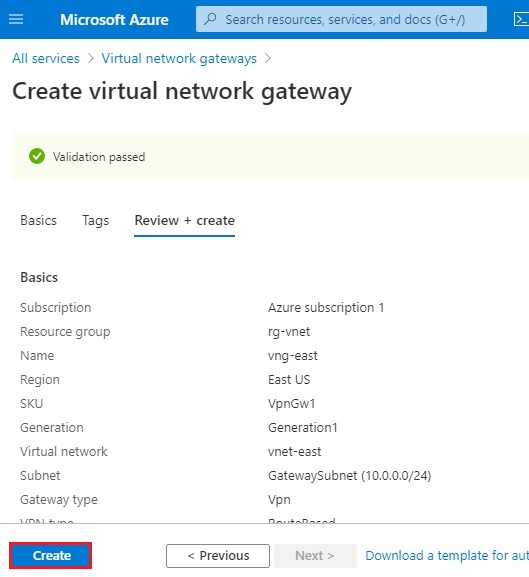 create virtual network gateway