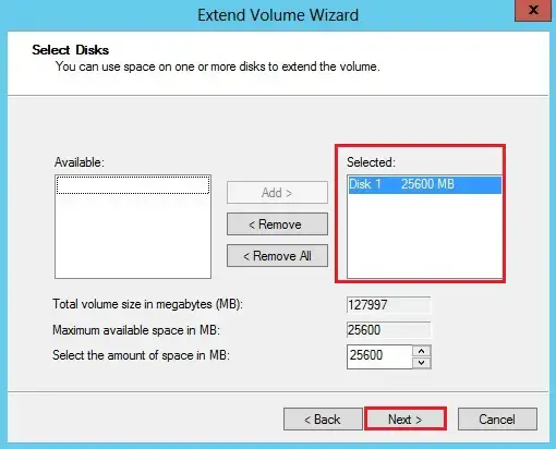 extend volume wizard disk