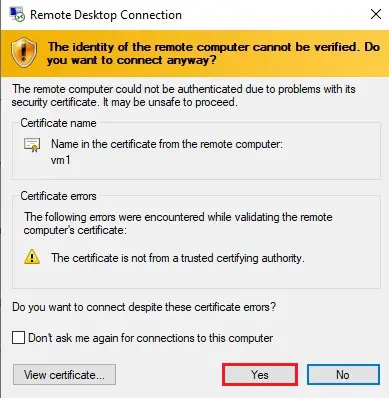 remote desktop connection certificate