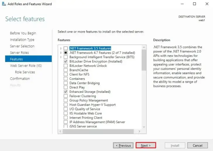 server roles select features