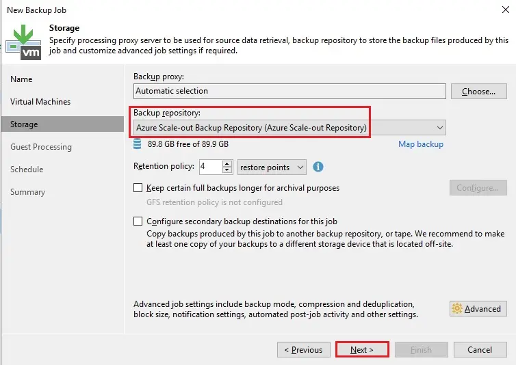 veeam new backup job storage