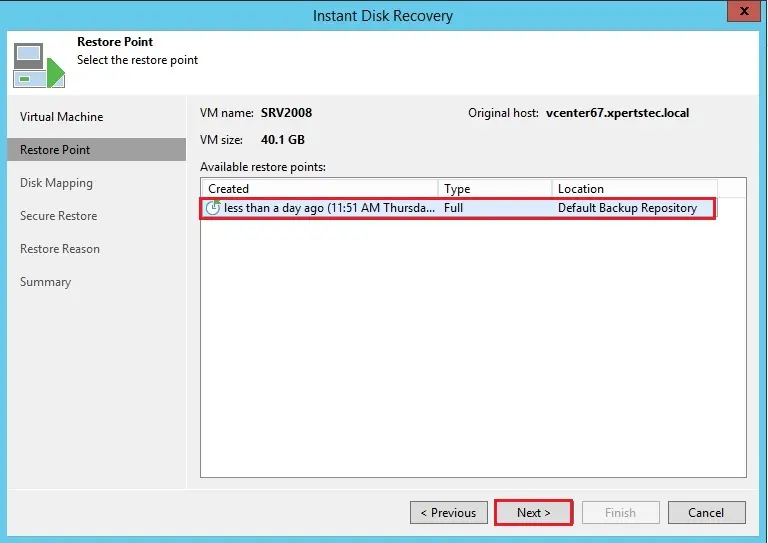 Instant disk recovery restore point